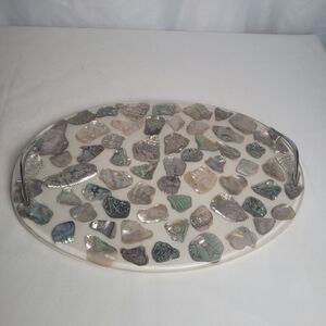 Vintage Lucite Abalone Shell Oval Tray W/ Silver Tone Metal Handles